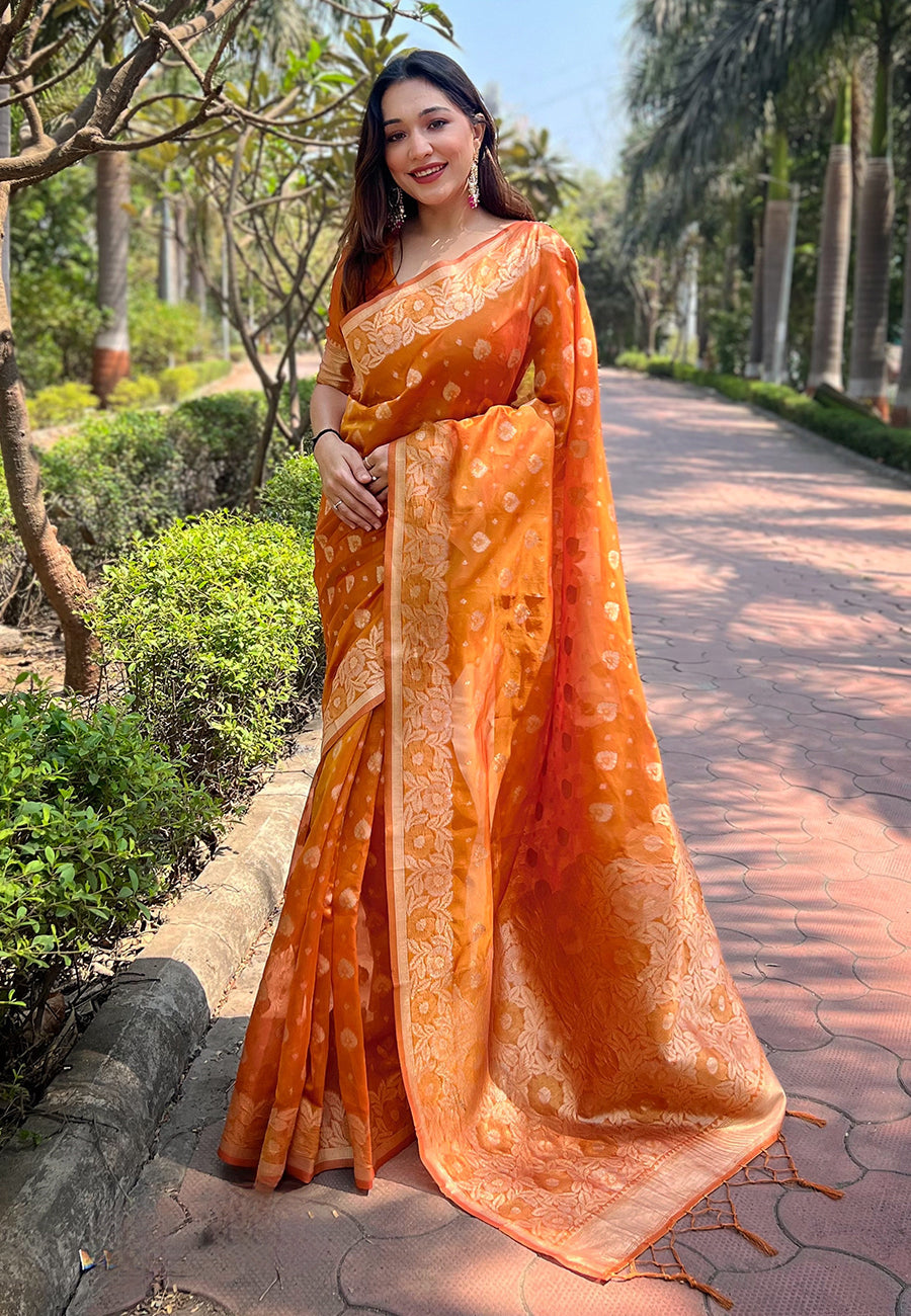 Orange Organza Zari Woven Saree