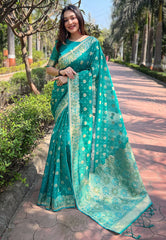 Sea Green Organza Zari Woven Saree