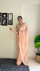 Peach Georgette Sequins Embroidered Saree