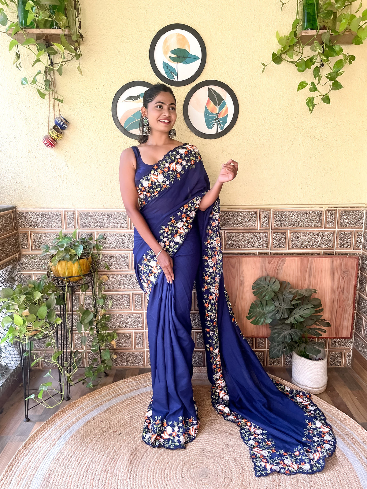 Navy Blue Vichitra Silk Sequins Embroidered Saree