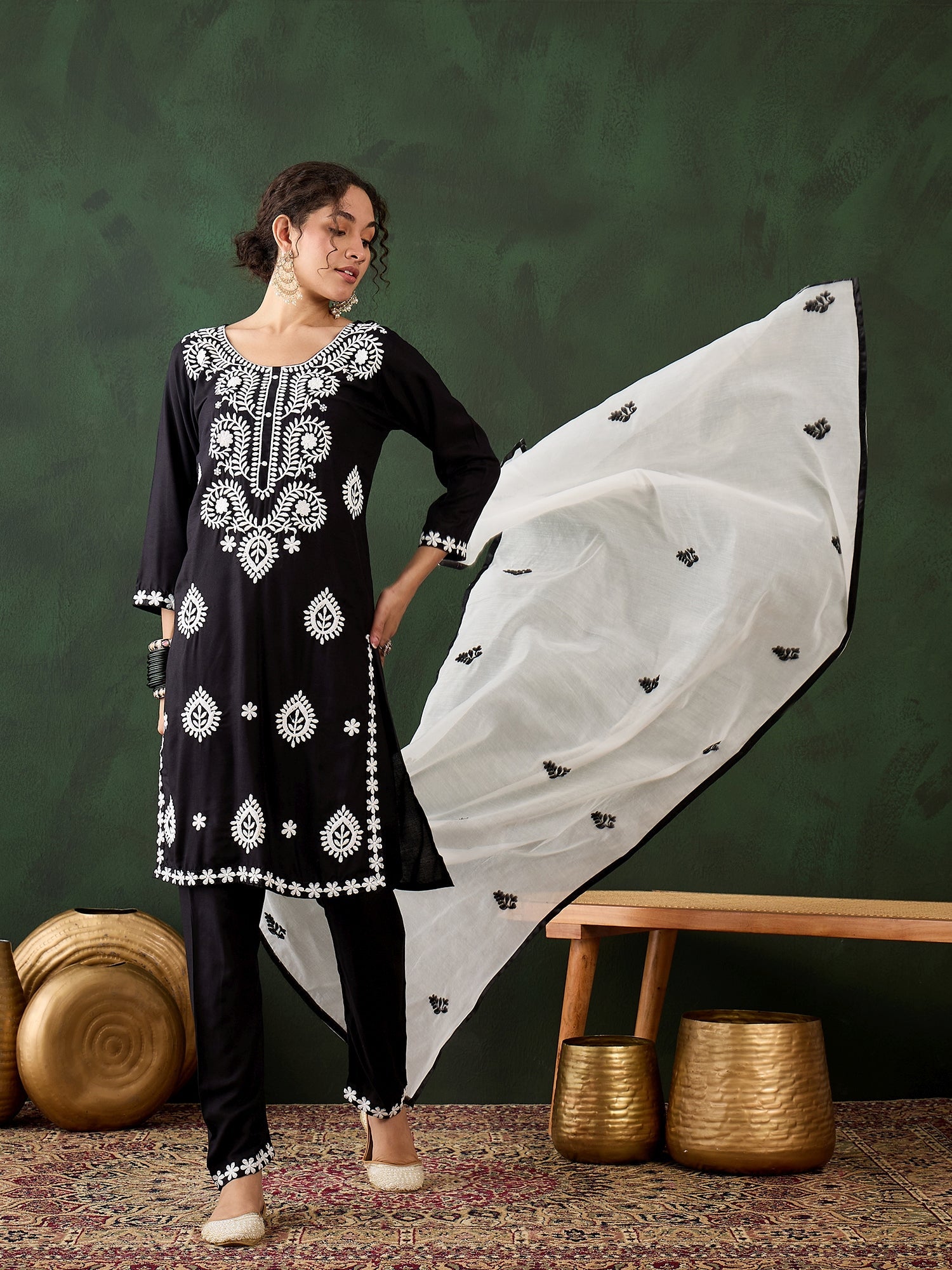 Black Rayon Chikankari Kurti With Pant Dupatta