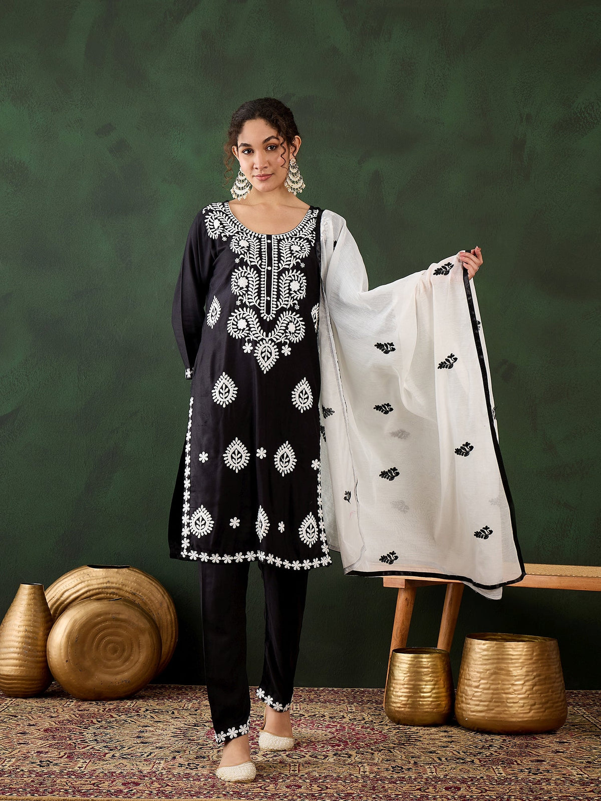 Black Rayon Chikankari Kurti With Pant Dupatta