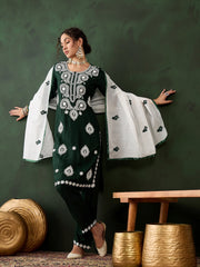 Green Rayon Chikankari Kurti With Pant Dupatta