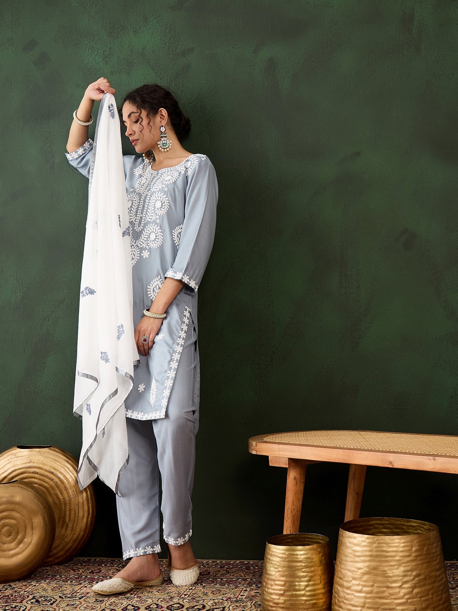 Steel Grey Rayon Chikankari Kurti With Pant Dupatta