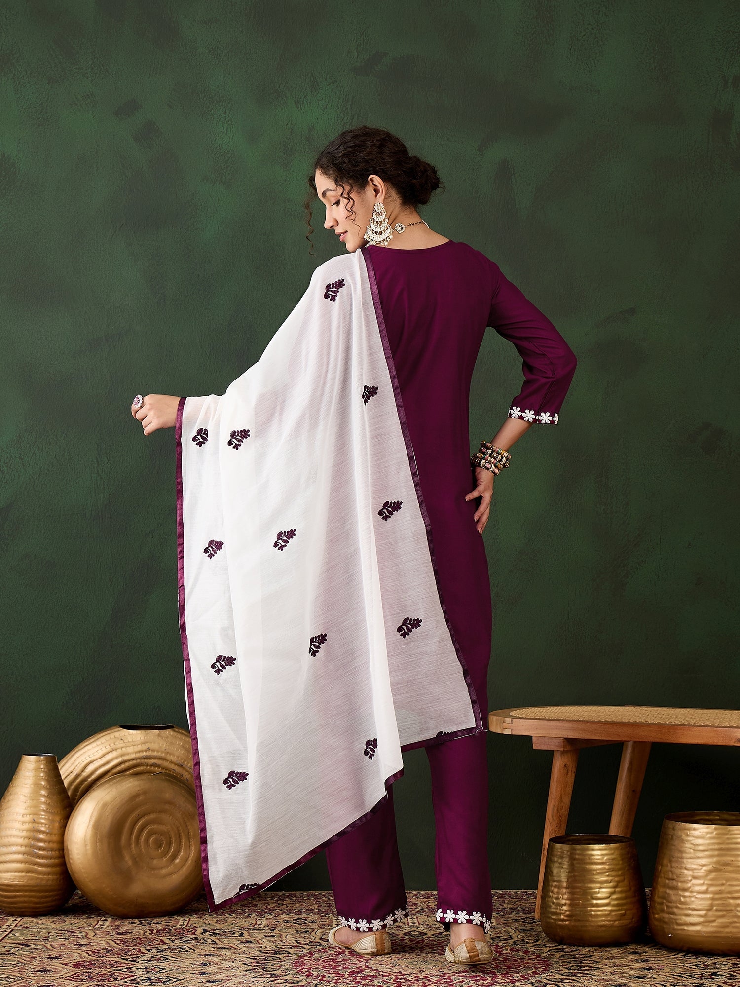 Magenta Rayon Chikankari Kurti With Pant Dupatta