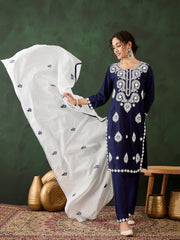 Blue Rayon Chikankari Kurti With Pant Dupatta