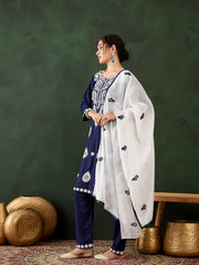 Blue Rayon Chikankari Kurti With Pant Dupatta