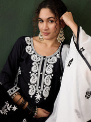 Black Rayon Chikankari Kurti Pant Dupatta