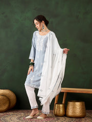 Grey Rayon Chikankari Kurti With Pant Dupatta