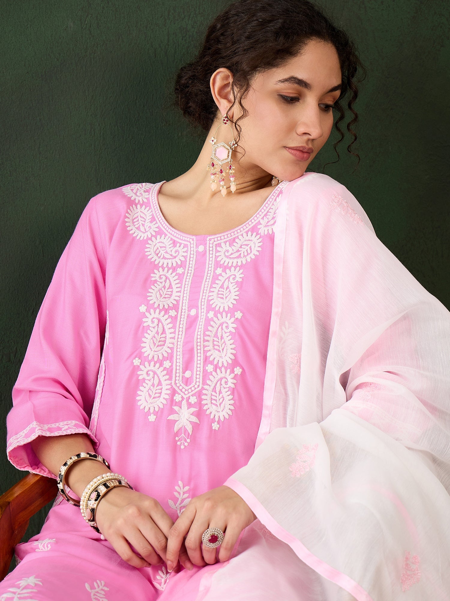 Baby Pink Rayon Chikankari Kurti With Pant Dupatta