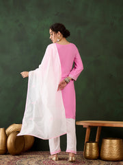 Baby Pink Rayon Chikankari Kurti With Pant Dupatta