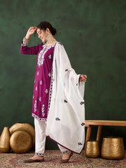 Purple Rayon Chikankari Kurti With Pant Dupatta