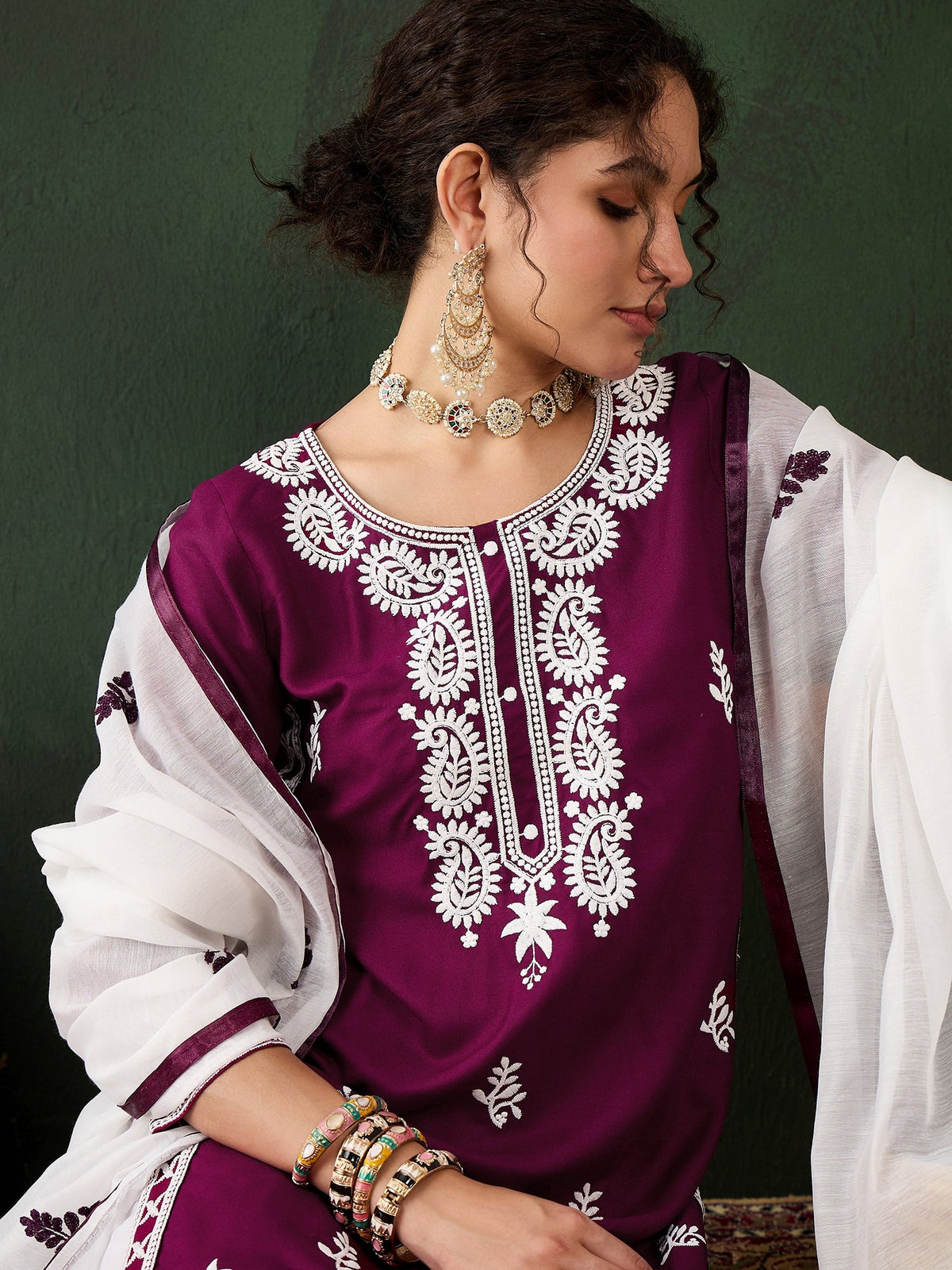 Purple Rayon Chikankari Kurti With Pant Dupatta