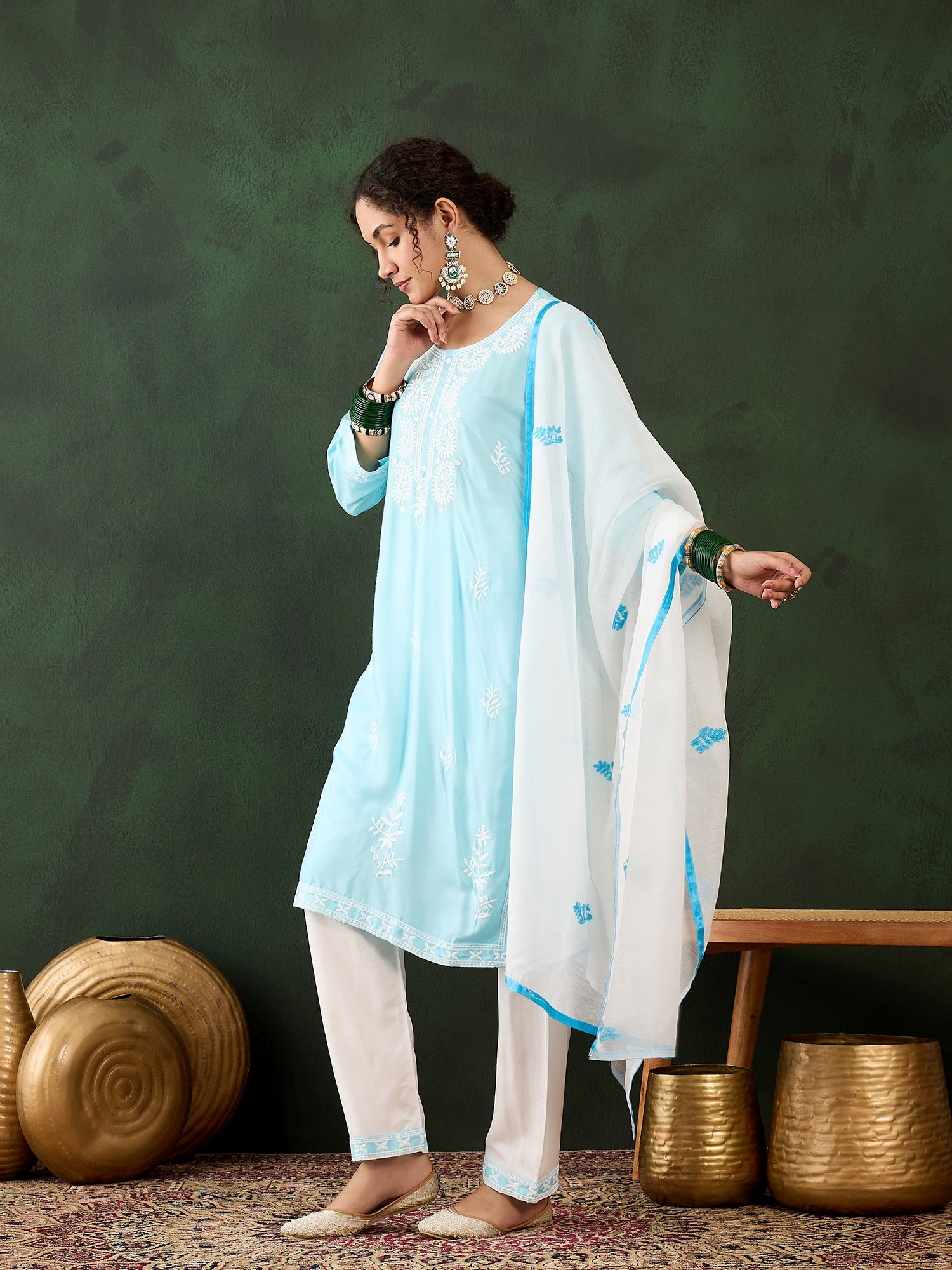 Sky Blue Rayon Chikankari Kurti With Pant Dupatta