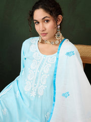 Sky Blue Rayon Chikankari Kurti With Pant Dupatta