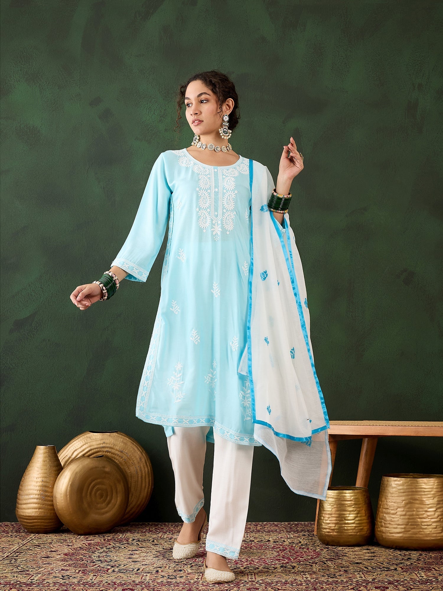 Sky Blue Rayon Chikankari Kurti With Pant Dupatta