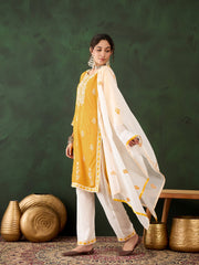 Yellow Rayon Chikankari Kurti With Pant Dupatta