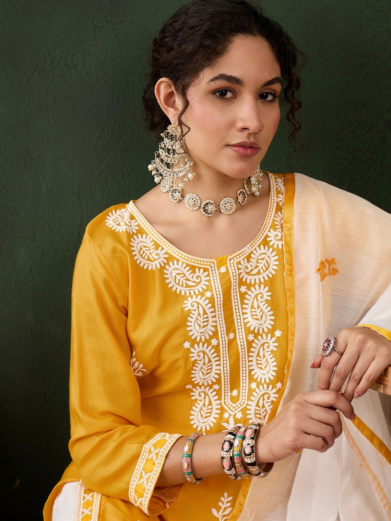 Yellow Rayon Chikankari Kurti With Pant Dupatta