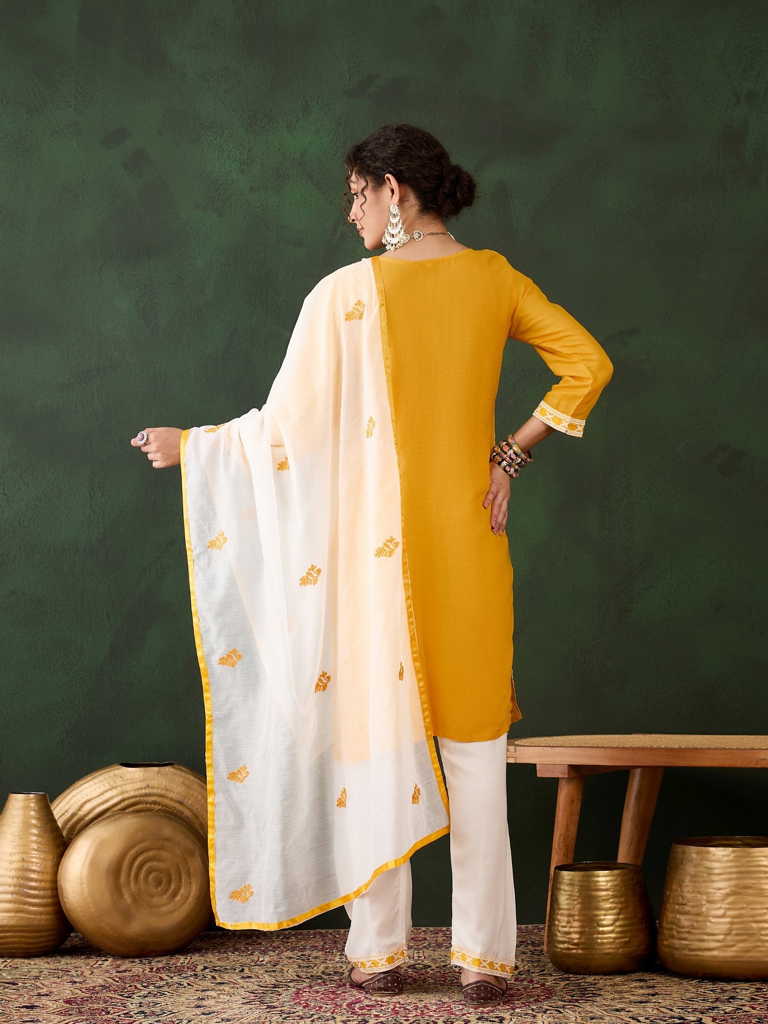 Yellow Rayon Chikankari Kurti With Pant Dupatta