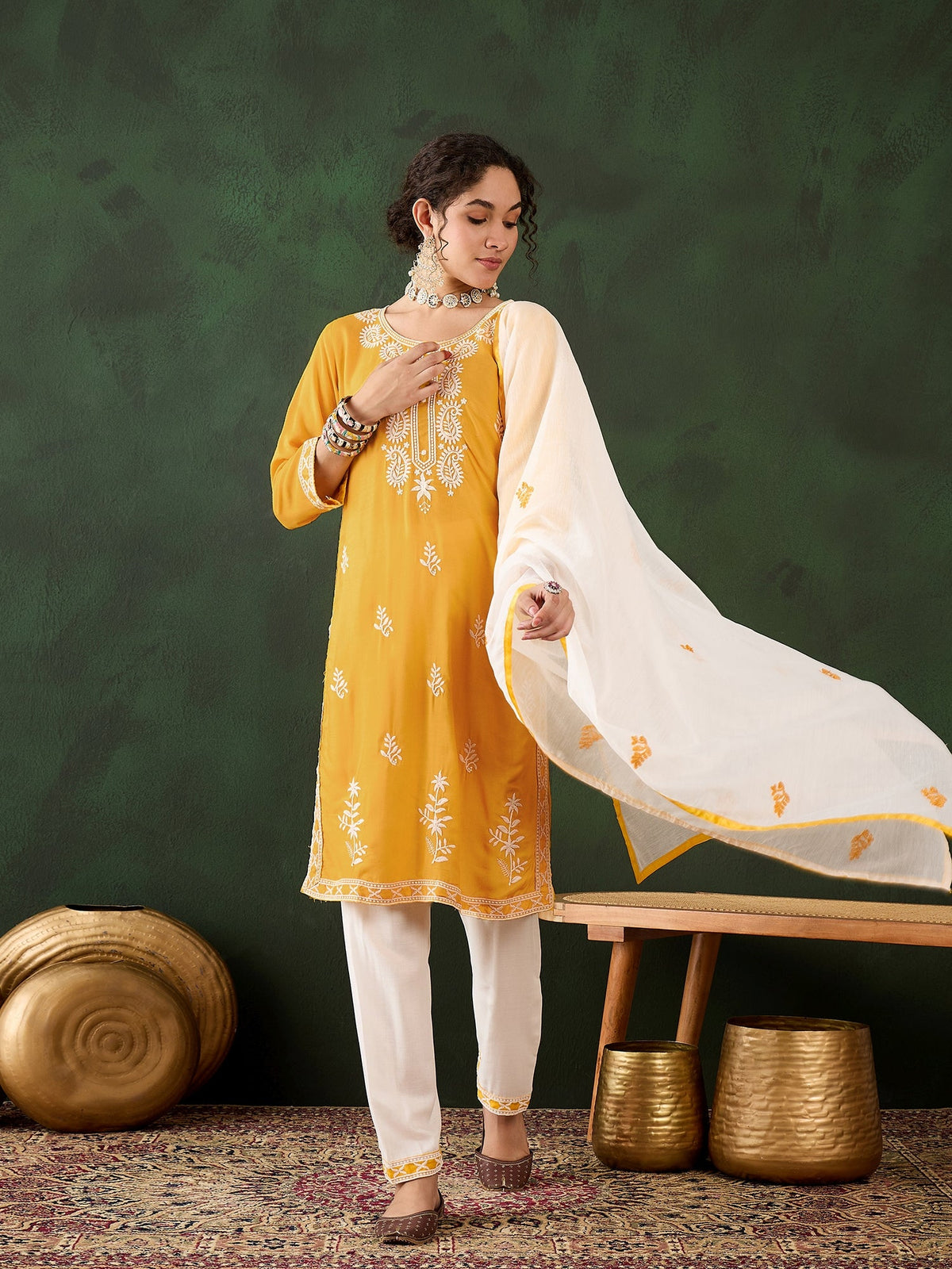 Yellow Rayon Chikankari Kurti With Pant Dupatta