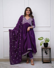 Purple Vichitra Silk Embroidered Kurti With Pant Dupatta