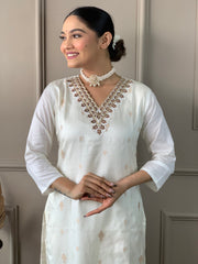 White Viscose Nylon Embroidered Kurti With Pant Dupatta