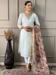 White Viscose Nylon Embroidered Kurti With Pant Dupatta