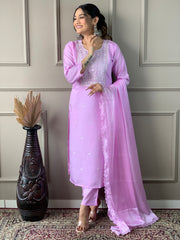 Neon Pink Viscose Chanderi Embroidered Kurti With Pant Dupatta