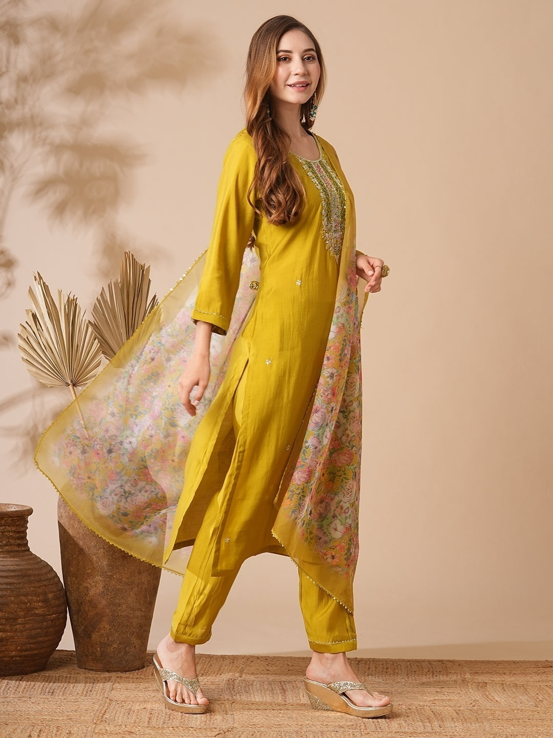 Mustard Chanderi Embroidered Kurti With Pant Printed Dupatta