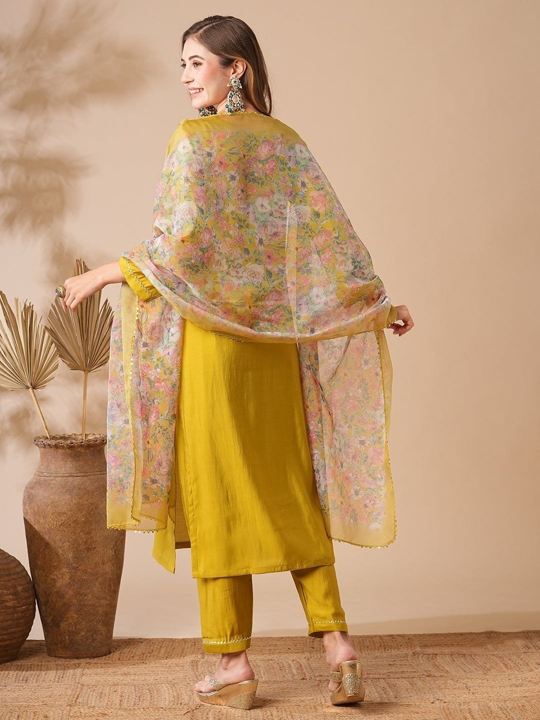 Mustard Chanderi Embroidered Kurti With Pant Printed Dupatta