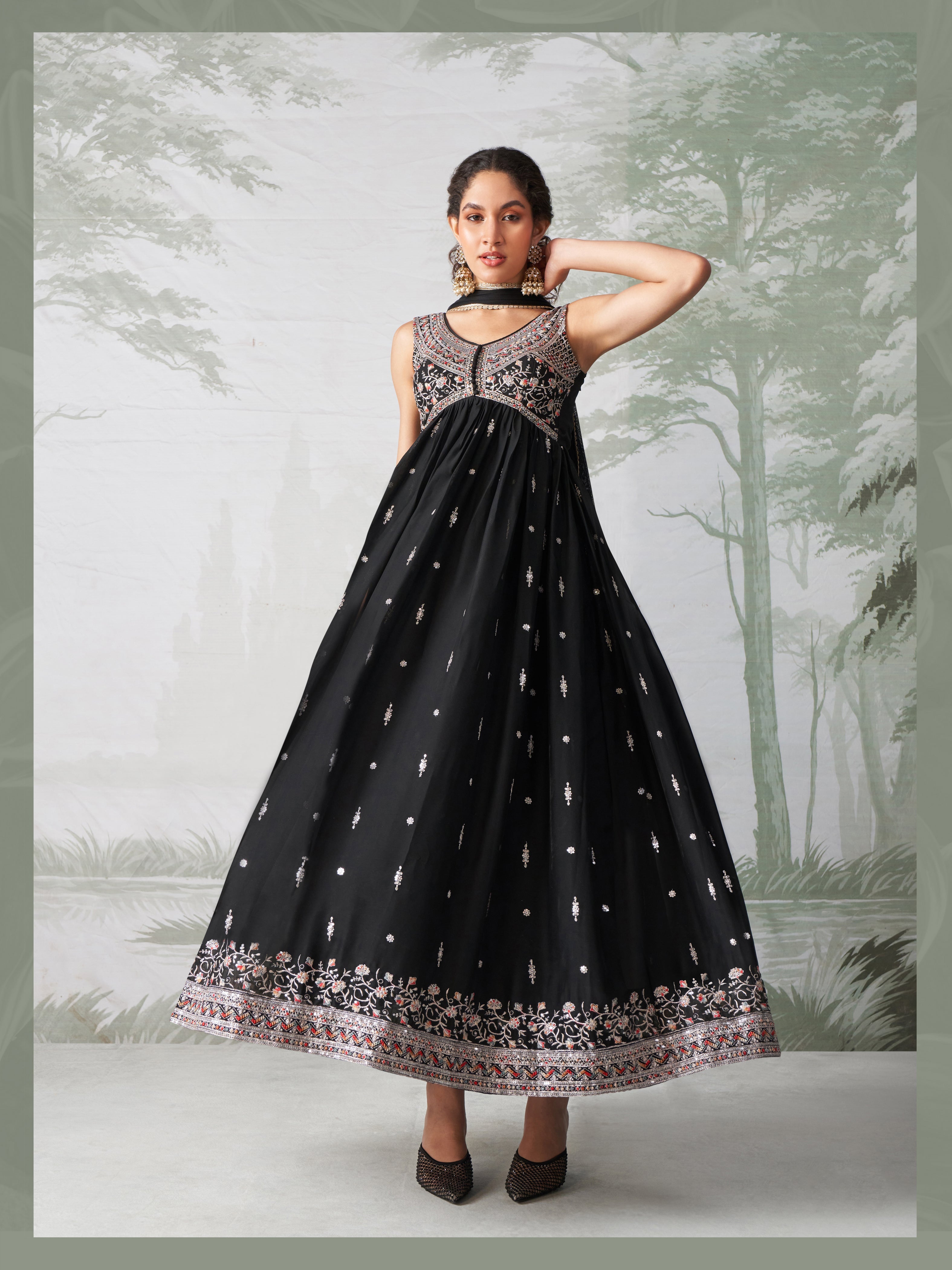 Black Georgette Sequins Embroidered  Anarkali Gown With Pant Dupatta