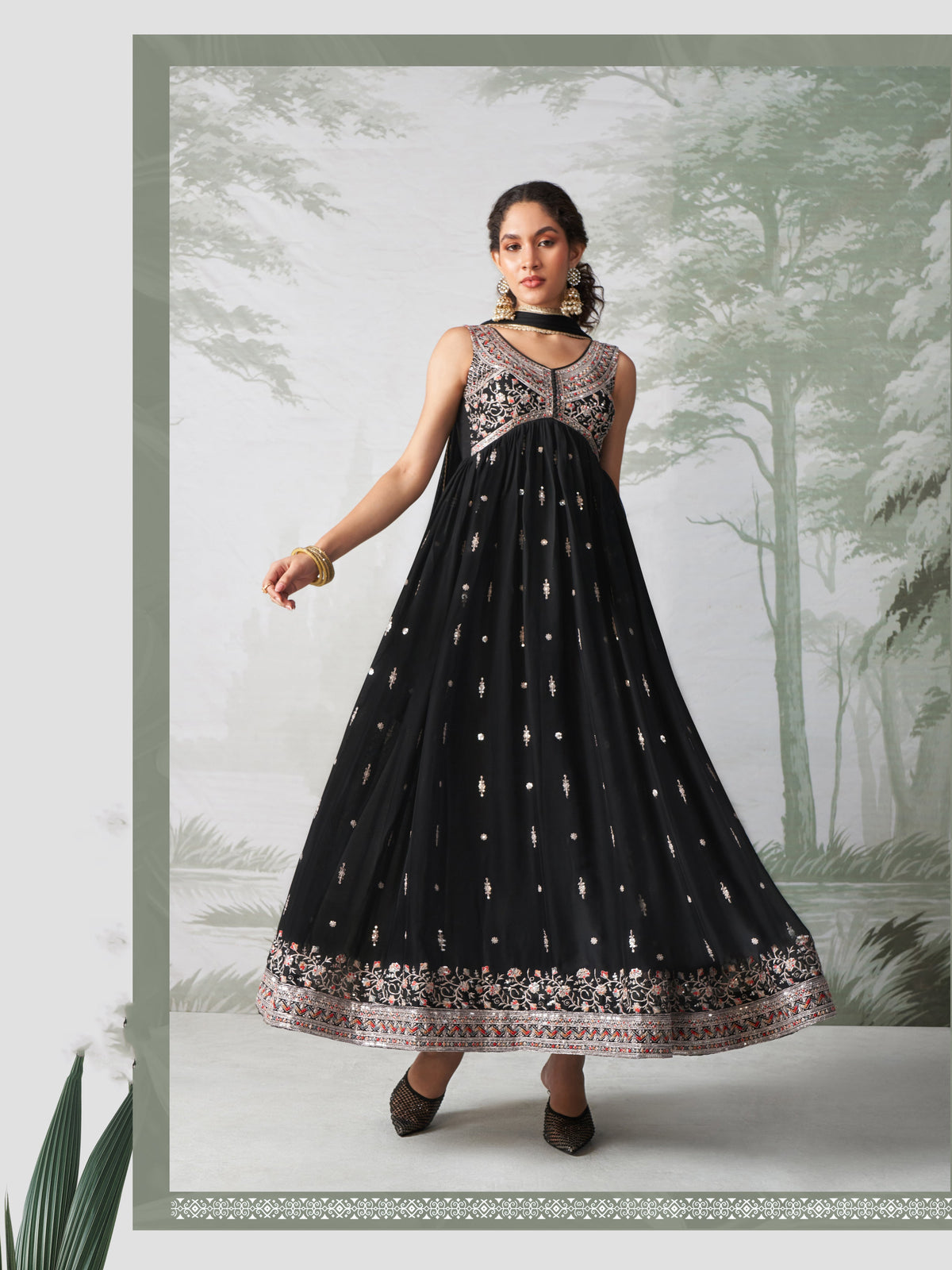 Black Georgette Sequins Embroidered  Anarkali Gown With Pant Dupatta