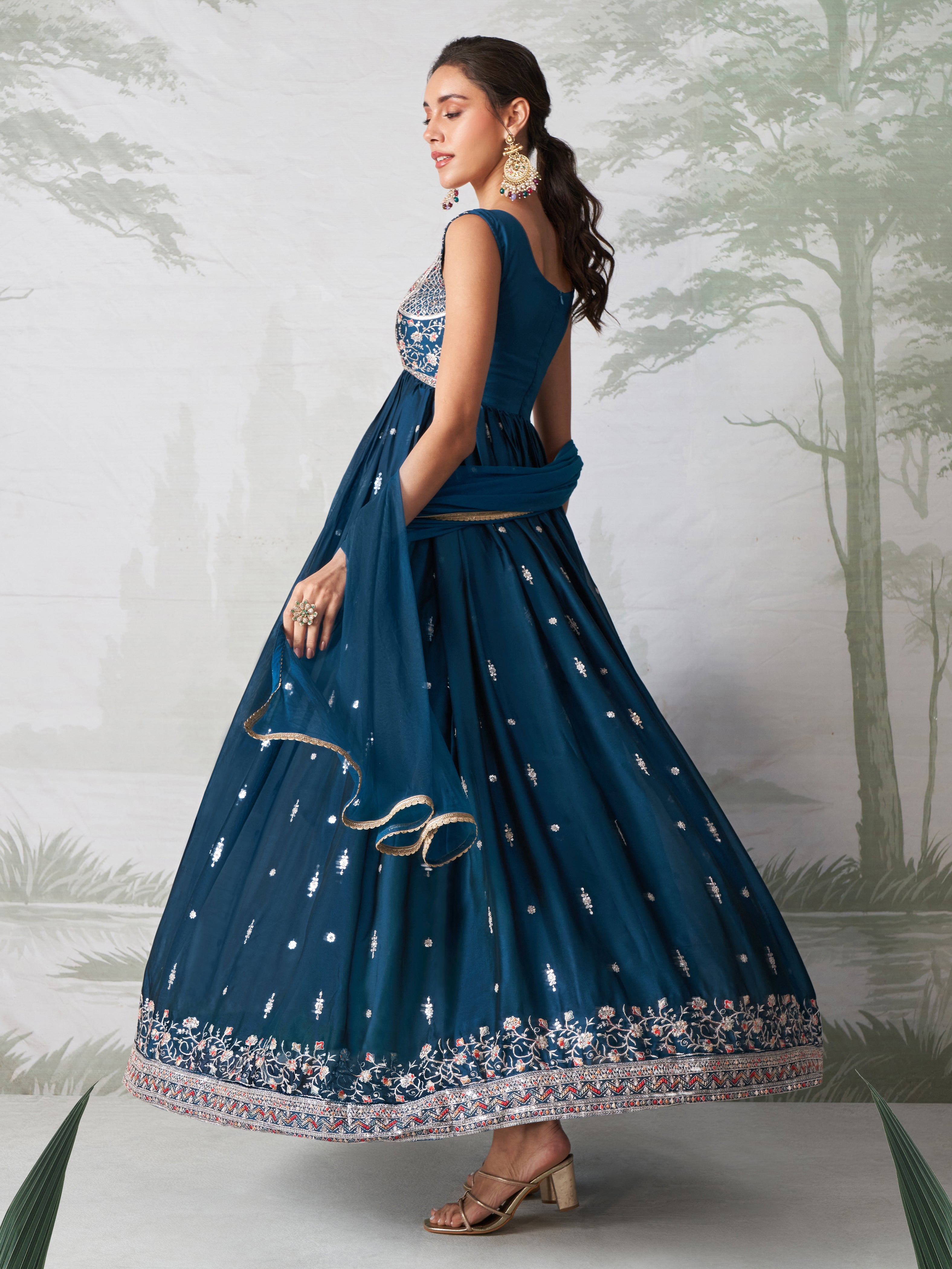 Teal Blue Georgette Sequins Embroidered  Anarkali Gown With Pant Dupatta