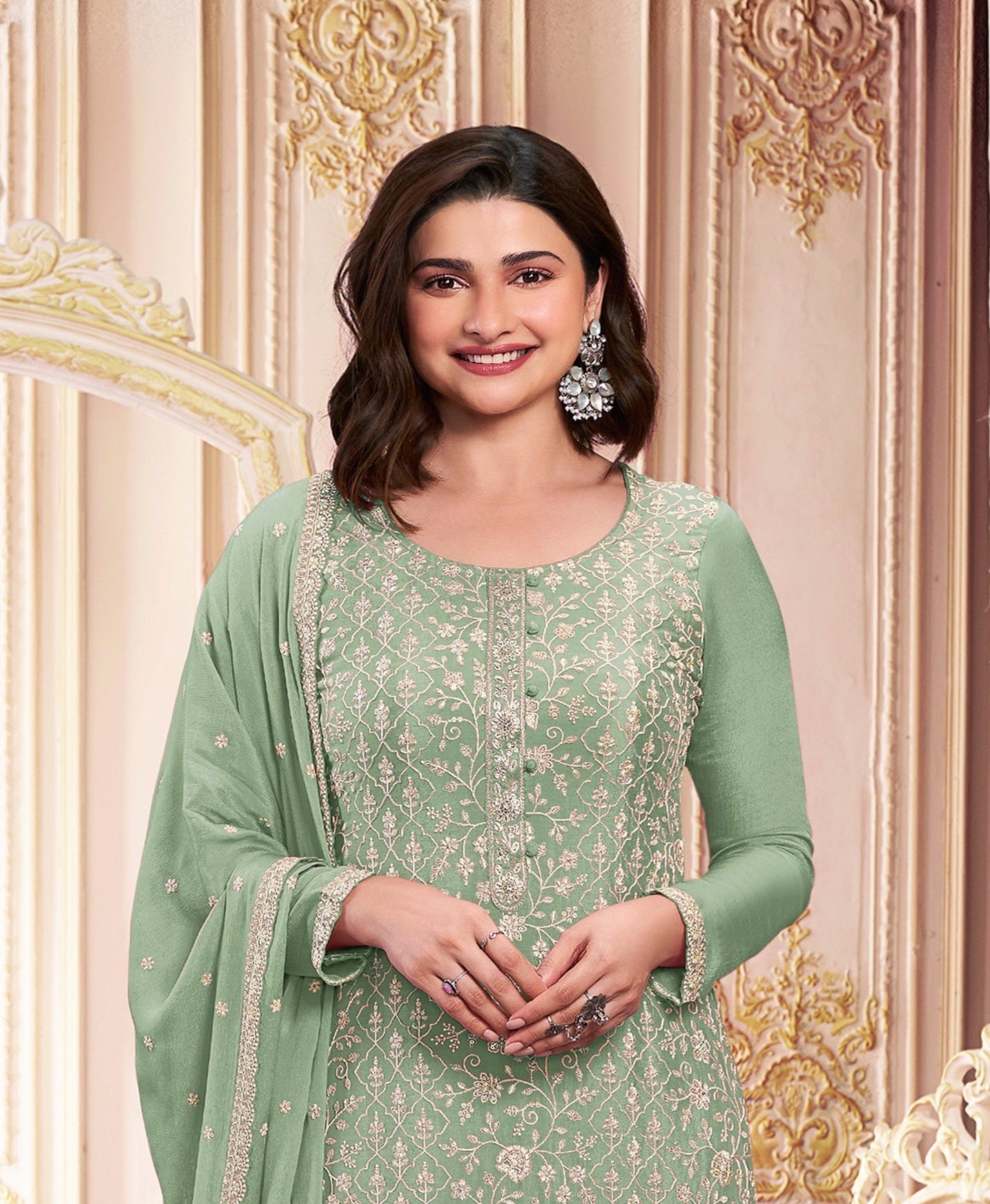 Green Georgette Embroidered  Salwar Suit With Dupatta