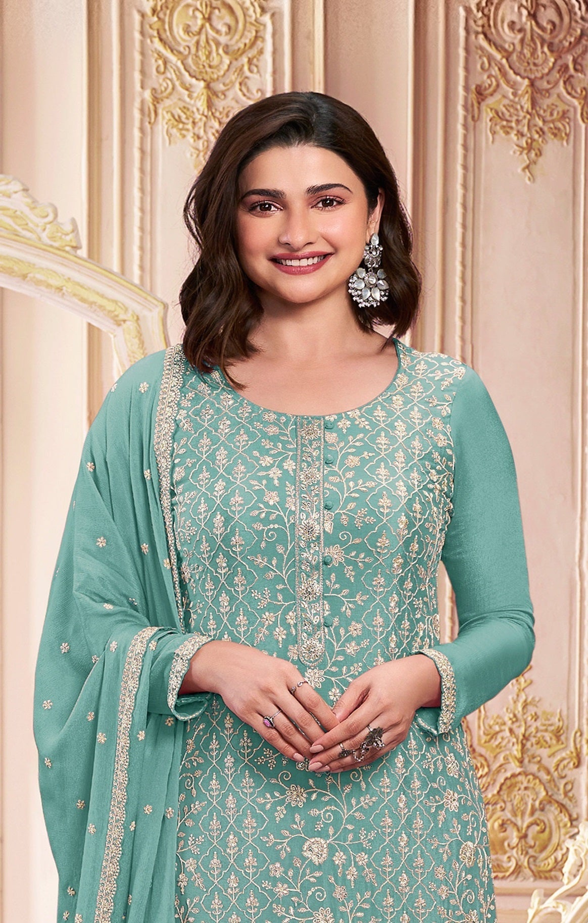 Teal Georgette Embroidered  Salwar Suit With Dupatta