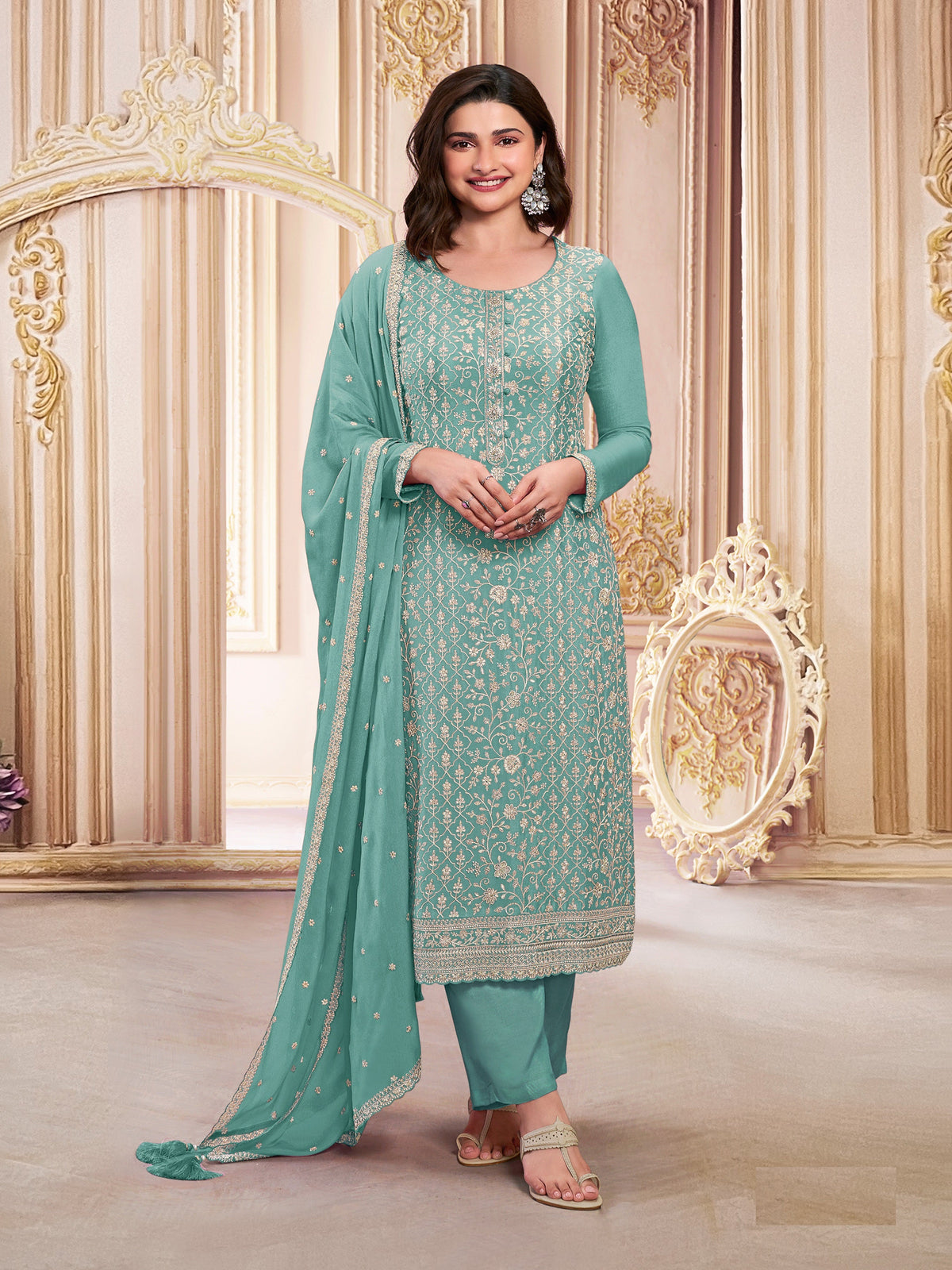 Teal Georgette Embroidered  Salwar Suit With Dupatta