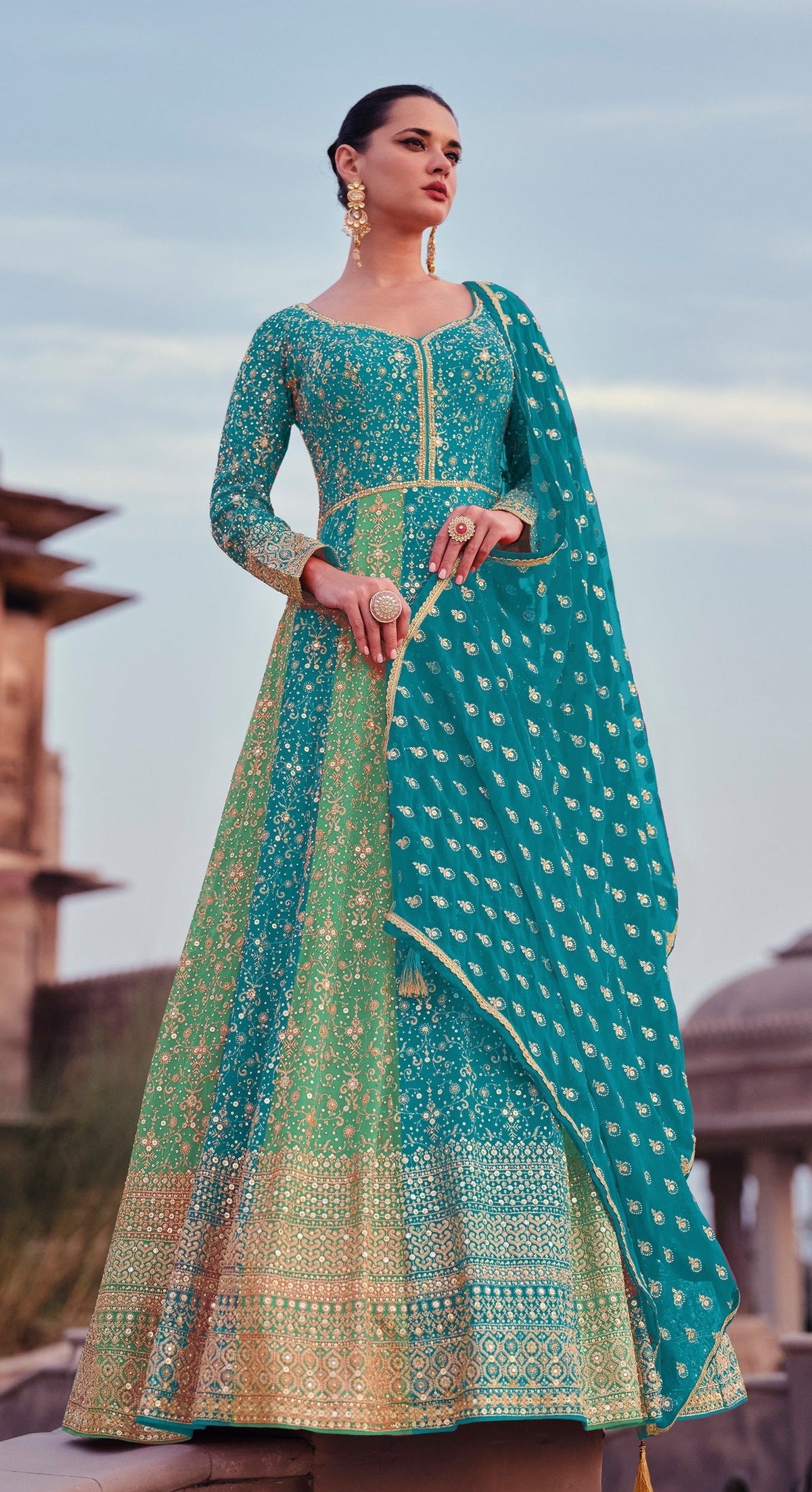 Sky Georgette Embroidered  Anarkali Kurti With Pant Dupatta