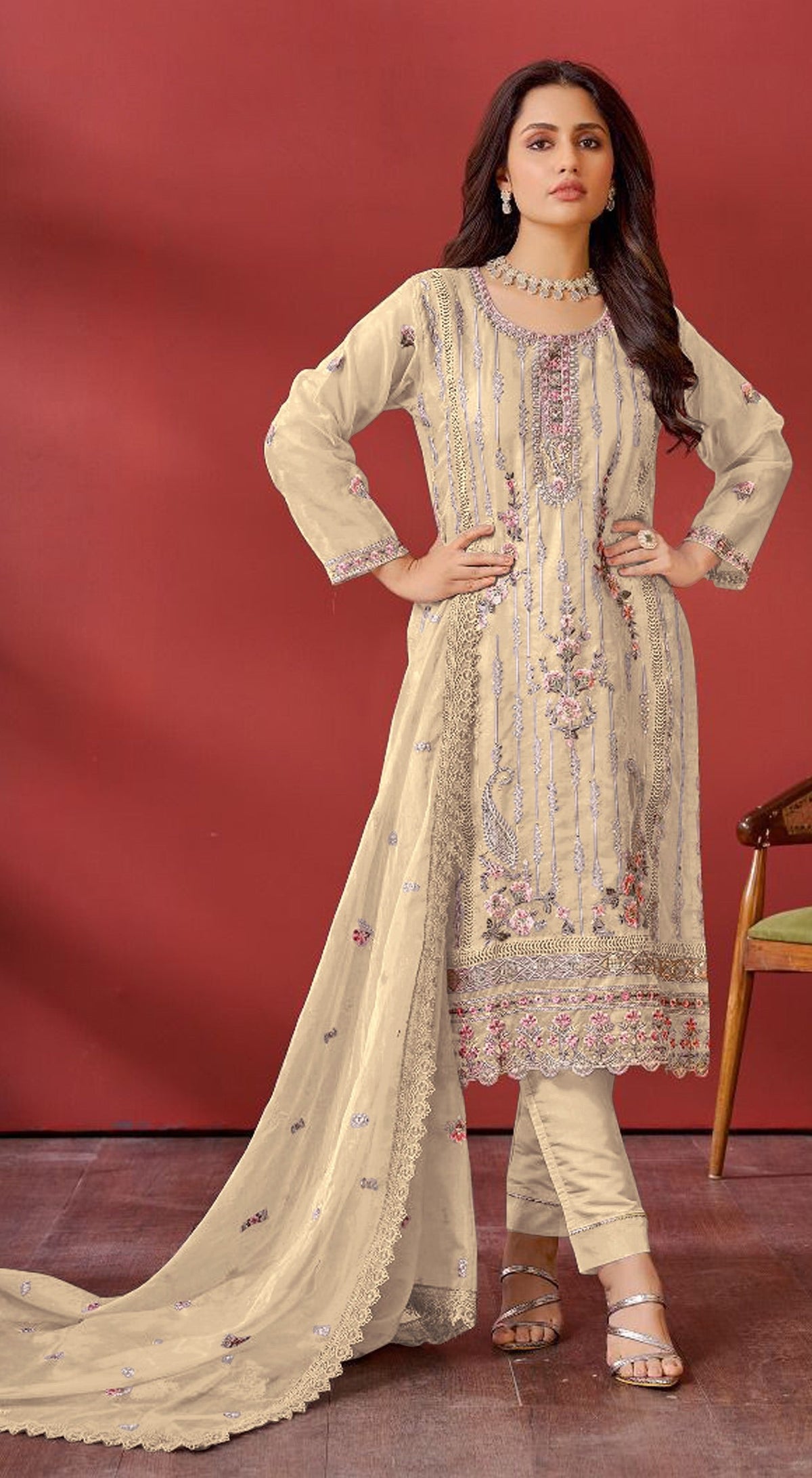 Cream Organza Embroidered  Salwar Suit With Dupatta