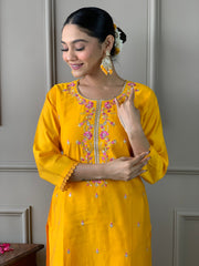 Yellow Viscose Chanderi Embroidered  Kurti With Pant Dupatta