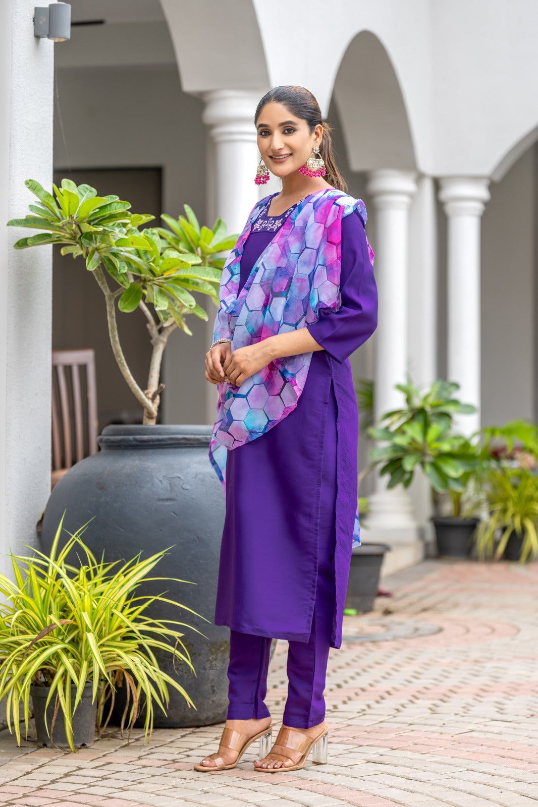 Purple Rayon  Embroidered  Kurti With Pant Dupatta