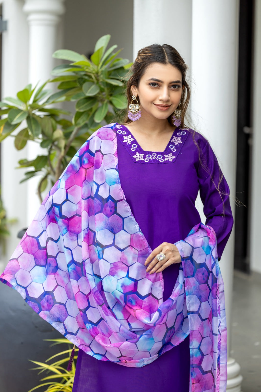 Purple Rayon  Embroidered  Kurti With Pant Dupatta