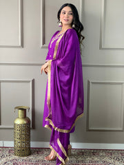 Purple Viscose Chanderi Embroidered  Kurti Pant Dupatta