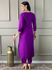 Purple Viscose Chanderi Embroidered  Kurti Pant Dupatta