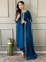 Dark Blue Viscose Chanderi Embroidered  Kurti With Pant Dupatta