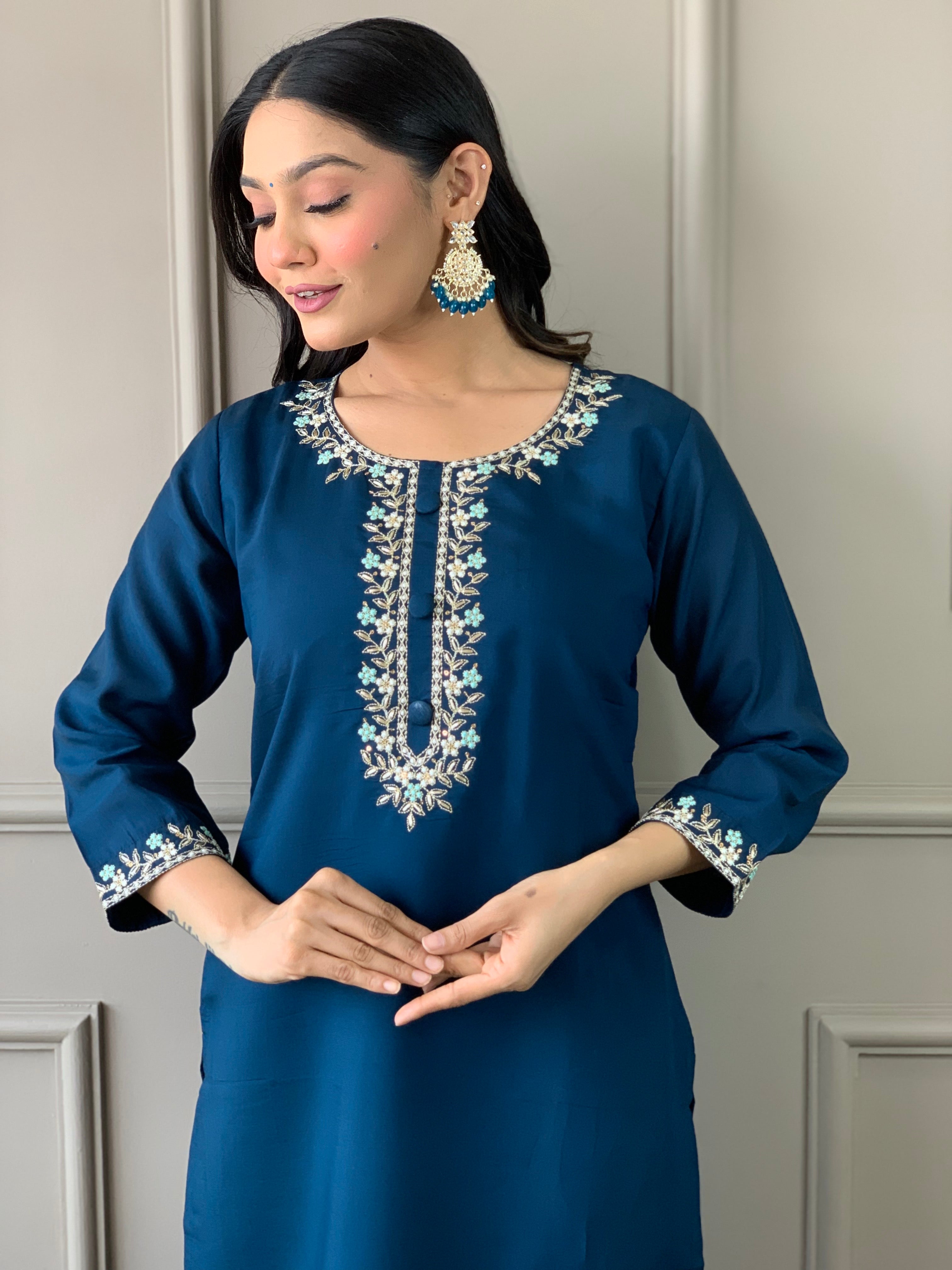 Dark Blue Viscose Chanderi Embroidered  Kurti With Pant Dupatta