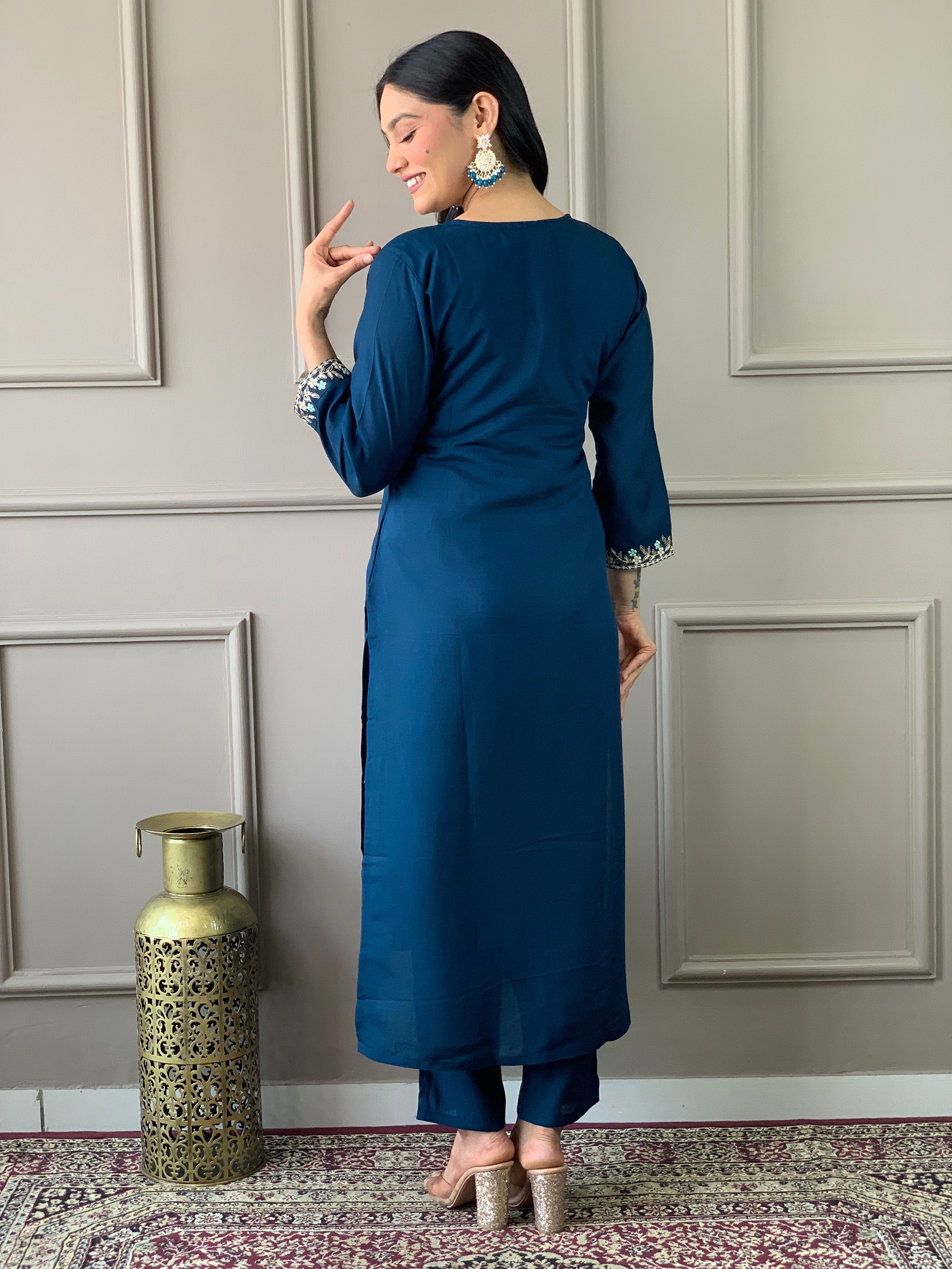 Dark Blue Viscose Chanderi Embroidered  Kurti With Pant Dupatta