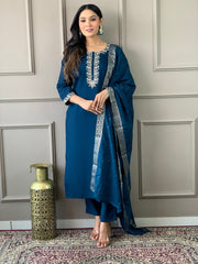 Dark Blue Viscose Chanderi Embroidered  Kurti With Pant Dupatta