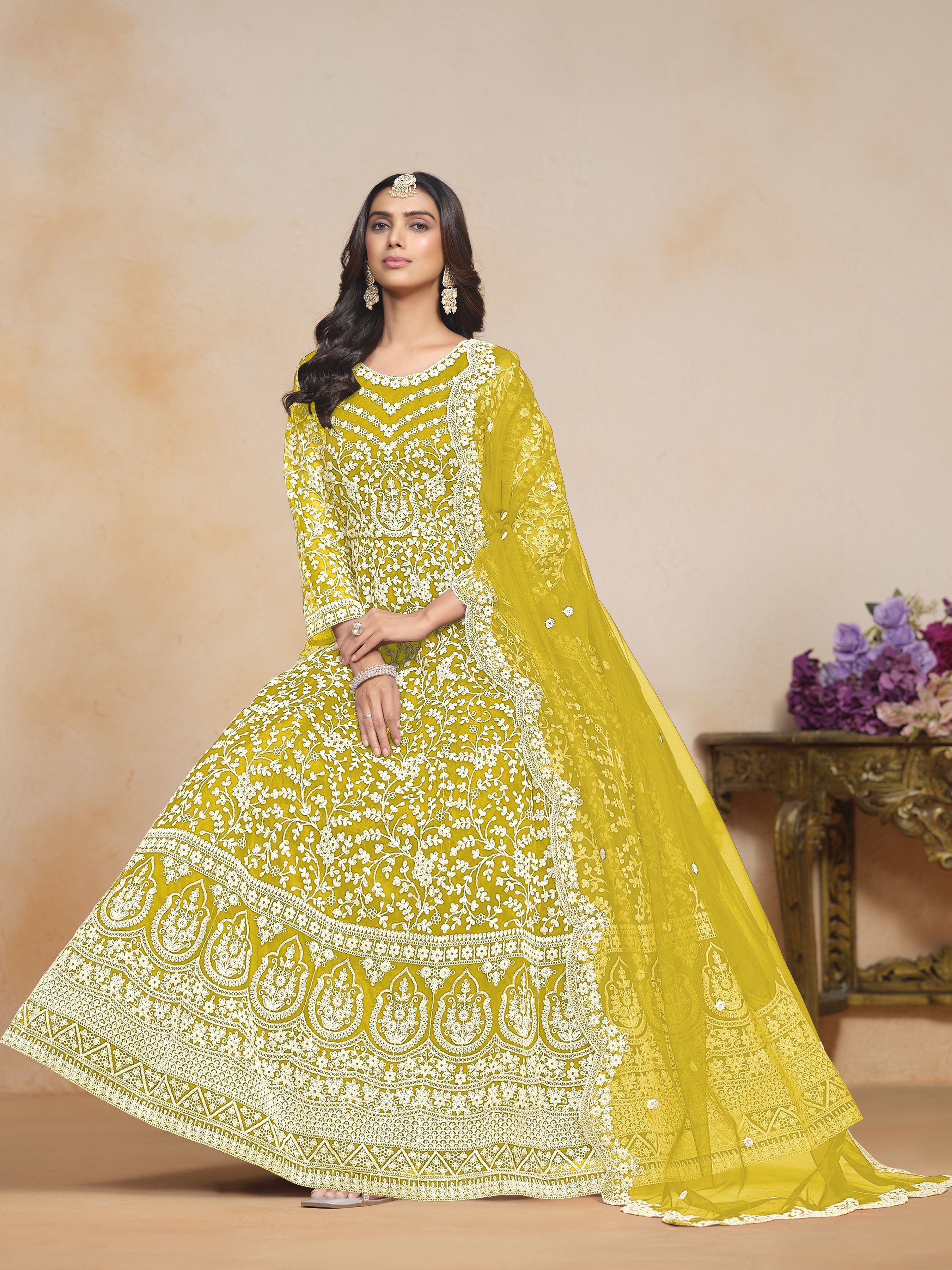 Lime Net Embroidered  Anarkali Kurti With Pant Dupatta