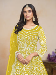 Lime Net Embroidered  Anarkali Kurti With Pant Dupatta