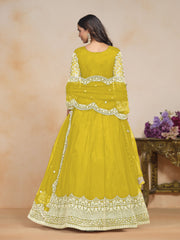 Lime Net Embroidered  Anarkali Kurti With Pant Dupatta